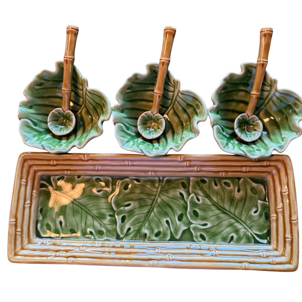 RARE Monterey Collection Appetizer Condiment Set Tray+Bowls&Spoons Bamboo Tropic
